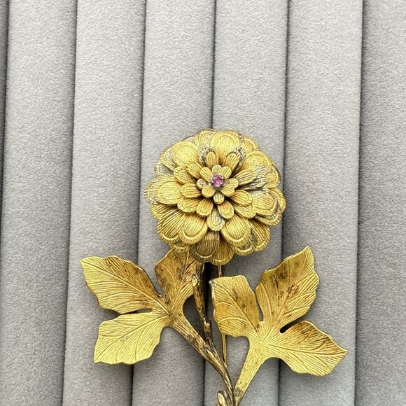 Vendome Brooch Sterling Silver Gold Vermeil Flower Floral Red Signed 3" Pin - Picture 2 of 12